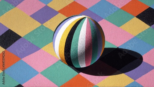 A striped sphere rests on a vibrant, multicolored diamond-patterned surface, casting a distinct shadow