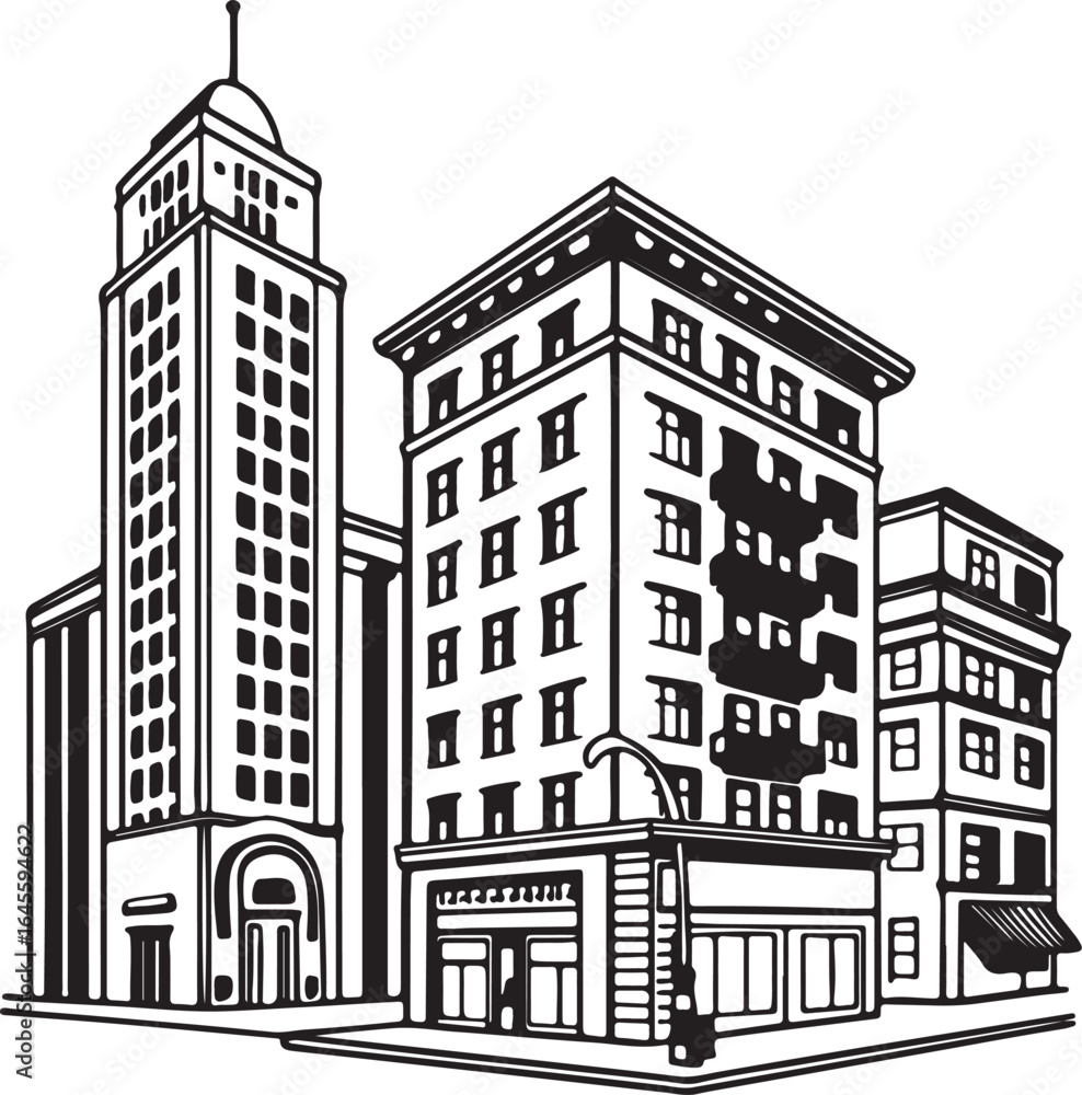 Obraz premium Black and white illustration of city buildings with a tall skyscraper and storefronts architecture urban