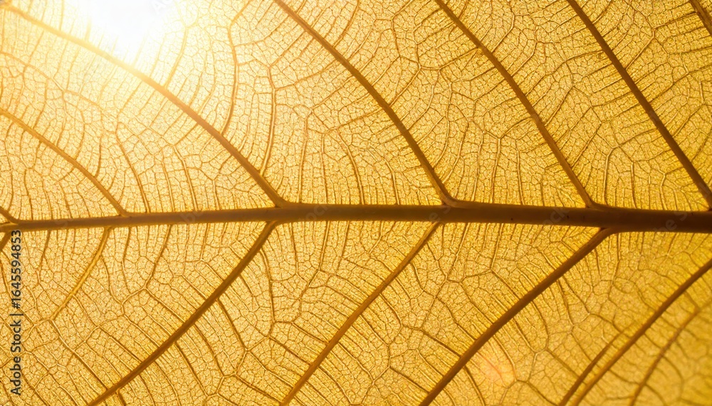 Obraz premium Leaf Vein Tapestry: A close-up view unveils the intricate, delicate beauty of a leaf's veins, a testament to nature's artistry. This image emphasizes the patterns and textures in perfect golden light.