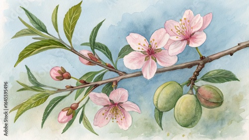 Watercolor Almond Branch Blossom and Fruit, Botanical Illustration, Pastel Pink Flowers, Almond Tree, Watercolor Painting Almond blossoms, Botanical art