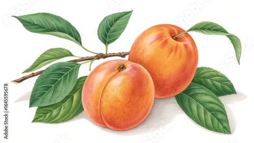 Watercolor Apricots on Branch Botanical Illustration, Two Ripe Fruits, Detailed Leaves, Summer Fruit Concept. , Apricot, Watercolor