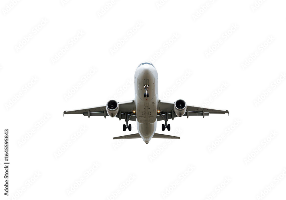 Obraz premium Airplane flying viewed from below isolated on transparent background