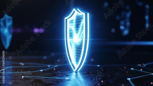 A glowing shield symbolizes cybersecurity, data protection, and network security in the digital age, representing safety and privacy online