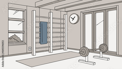 Home Gym Interior Design Weight Bar Wall Bars and Yoga Mat.