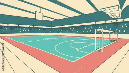 Indoor Futsal Court Illustration with Goal and Seating Area.