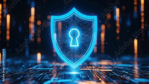 Cybersecurity shield with keyhole and digital circuit pattern, representing data protection and secure access to online information system