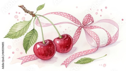Watercolor Cherry Illustration Pink Bow, Red Fruit, Botanical Composition, Cherry Painting Cherry illustration, watercolor painting