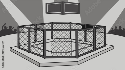 Octagonal Cage MMA Fighting Arena with Crowd.