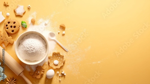 Baking ingredients and tools including flour, cookies, an egg, and a rolling pin on a yellow background with scattered flour.