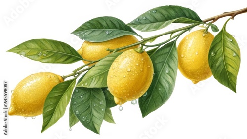 Watercolor Lemon Branch Botanical Illustration of Four Lemons with Dew Drops, Lemon Tree Branch,Citrus Fruit lemon illustration, botanical art