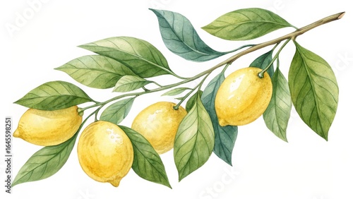 Watercolor Lemon Branch Four Lemons and Lush Green Leaves, Botanical Illustration, Citrus Concept, Lemon Tree lemon, citrus