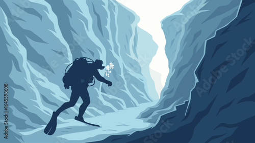Silhouette of a Scuba Diver Exploring an Underwater Cave System.