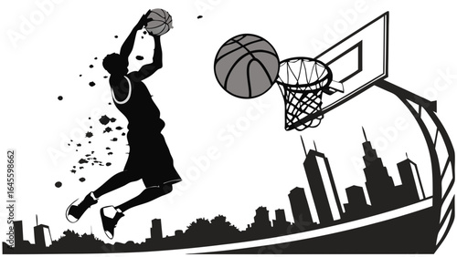 Silhouette of Basketball Player Dunking with Ball.