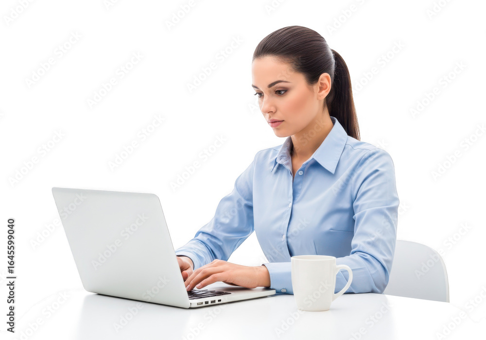 Young woman working on a laptop computer, isolated on transparent background Young woman working on a laptop computer, isolated on transparent background