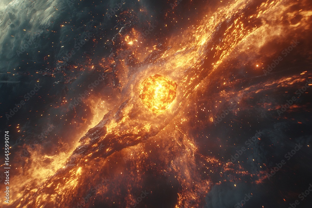 Fototapeta premium Glowing meteorite crashing through Earths atmosphere burning a fiery streak of orange and red as it plummets toward the ground