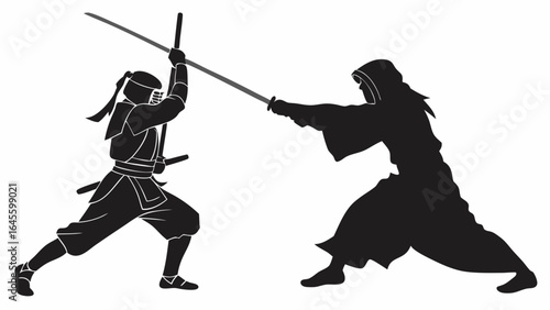 Silhouetted Samurai and Opponent Engaged in Sword Fight.