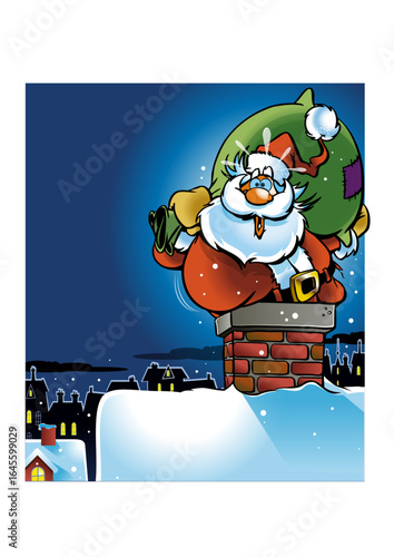 Santa Claus (Father Christmas) climbs down a chimney and gets stuck because he is too fat