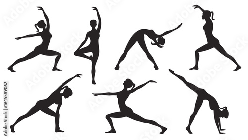 Silhouettes of Women in Various Yoga Poses Fitness and Wellness Concept.