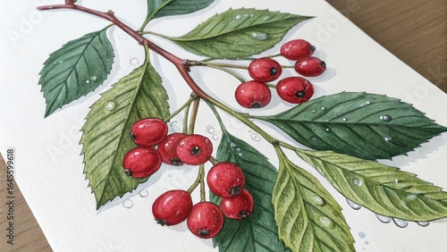 Watercolor Painting Dew-Kissed Hawthorn Berries, Botanical Illustration, Realistic Style, Nature Art Botanical Illustration, Watercolor Painting
