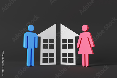 White paper cutout house cut into halves with a blue male and a red female figure icon standing on each side on a dark background. Illustration of the concept of divorce and matrimonial assets split