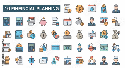 Financial planning icons:  budgeting, investment, savings, and retirement planning symbols.
