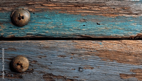 Weathered wooden planks, horizontally stacked, showing teal and grey-blue faded paint, with two aged brass-toned knobs