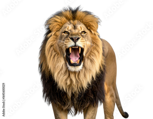Majestic Male Lion Roaring with Mouth Wide Open, Front View, Isolated on Transparent Background