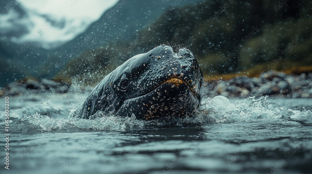 Obraz premium Majestic Whale Emerging from the Depths in a Mountain River