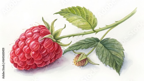 Watercolor Painting of Raspberry Branch Botanical Illustration, Close-up, Red Berry, Green Leaves Raspberry, Botanical Illustration