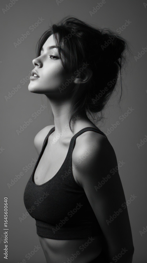 Fototapeta premium Black and white portrait of a woman looking up with a contemplative expression