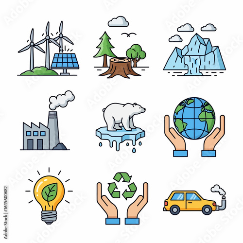 Collection of environmental icons depicting renewable energy, deforestation, pollution, endangered species, recycling, and global conservation.