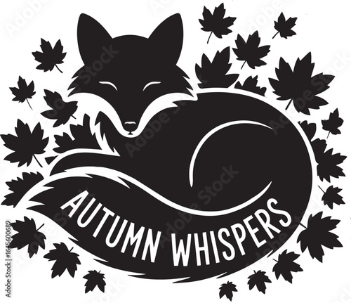 Black silhouette of a fox curled up on autumn leaves, minimal wildlife illustration, cozy fall season nature artwork

