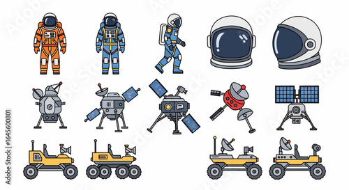 Collection of space exploration equipment including astronauts in suits, helmets, various space probes, and planetary rovers.
