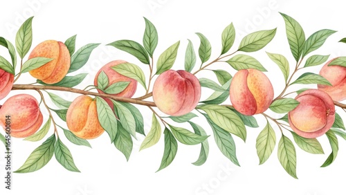 Watercolor Peach Branch Seamless Border Botanical Illustration, Fruit Composition, Summer Concept, Peach Tree, Watercolor Painting Peach illustration, summer design