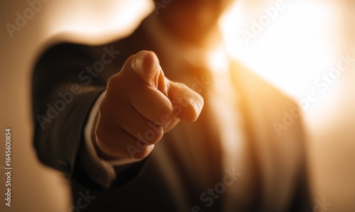 Finger pointing with suit jacket and bright light for business direction