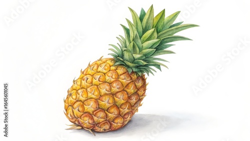 Watercolor Pineapple Botanical Illustration, Single Fruit Composition, Yellow and Green Hues, Tropical Fruit, Ananas comosus Pineapple, Watercolor painting