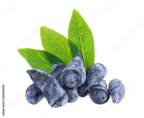 Honeysuckle berry isolated on white background. Fresh honeysuckle blue berry fruits with green leaves. Clipping path.
