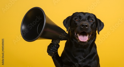Labrador dog with megaphone on yellow background. Pet announcement.