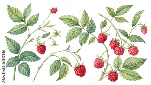 Watercolor Raspberry Botanical Illustration Branches, Leaves and Berries, botanical illustration, watercolor painting Raspberry, Botanical art