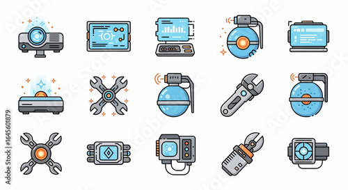 A collection of pixel art icons depicting various electronic devices, tools, and futuristic gadgets.