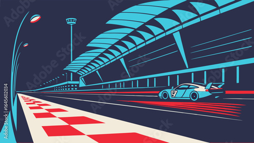Stylized Race Car on Track with Checkered Start Line.