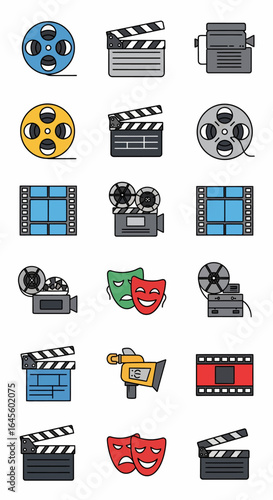 Colorful vector icons representing various elements of filmmaking and the performing arts.