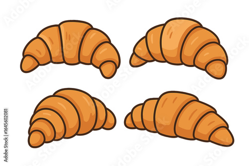 Set of fresh baked croissants. French pastry for breakfast. Delicious bakery food illustration. Vector design elements isolated on white background. Cartoon style icons collection.