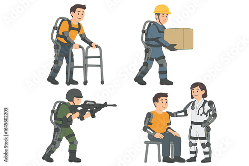 Exoskeleton technology character set. Powered suit for medical rehabilitation, industrial work, and military use. Bionic assistance for future mobility and support. Vector.