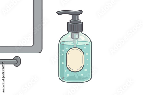 Vector cartoon illustration of a liquid soap dispenser. Pump bottle with hand sanitizer or wash gel. Hygiene, skincare, and cleaning cosmetic product mockup with blank label.