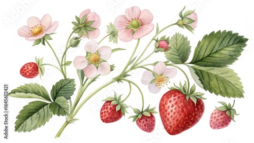 Watercolor Strawberry Plant Composition Botanical Illustration of Flowers and Berries, Strawberry Painting, Floral Art Strawberry, Botanical Illustration