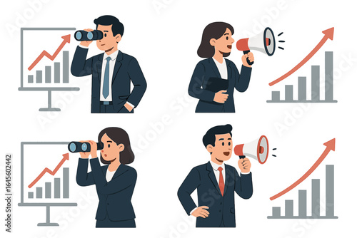 Business professionals market analysis set. Man and woman with binoculars forecast future growth chart. Leader with megaphone announces success and promotion. Vector cartoon.