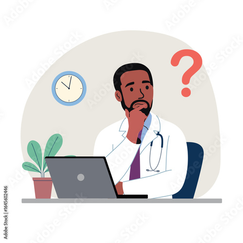 Thinking medic man with question mark before the laptop. Flat style cartoon vector illustration.