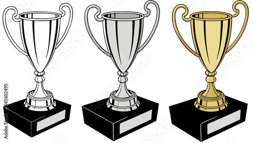 Three Award Trophies in Silver Gray and Gold.