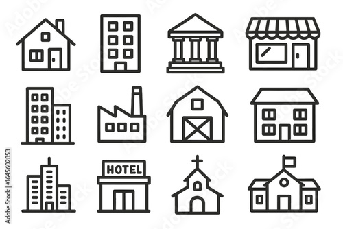 Building line icon set. Real estate and architecture symbols. Vector collection of house, apartment, bank, shop, factory, barn, hotel, church and school icons. Simple outline.